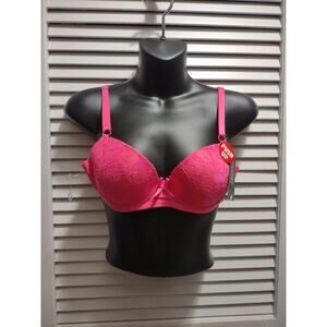 MaMia Women's Push-up Bra 34A Hot Pink Underwire Padded Lace Floral NWT